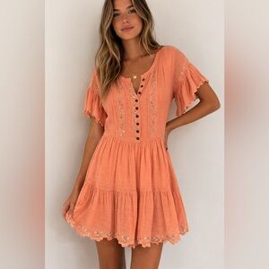 Free People Peach Embroidered Boho Mini Dress Small Cottagecore Prairie